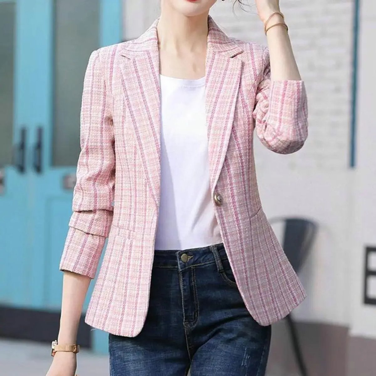 Women's Plaid Single-Button Tailored Blazer Jacket