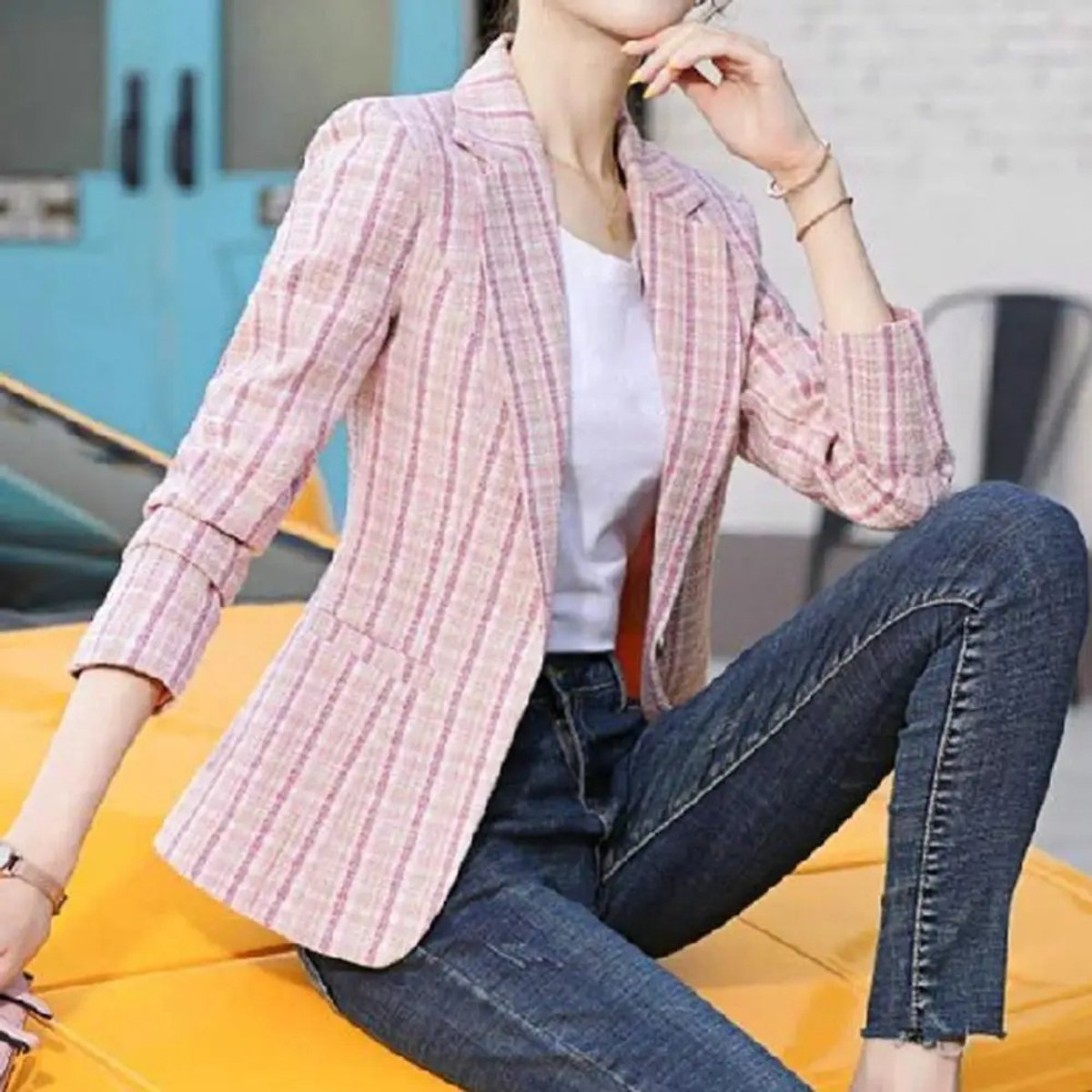 Women's Plaid Single-Button Tailored Blazer Jacket