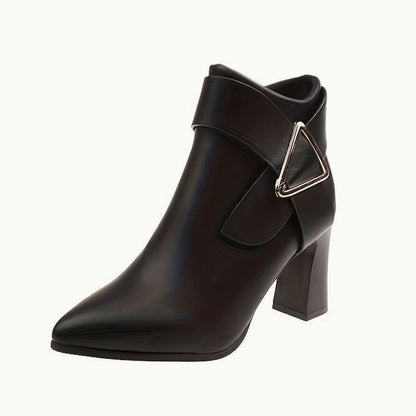Women's Pointed-Toe Block Heel Ankle Boots with Buckle Detail