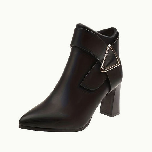 Women's Pointed-Toe Block Heel Ankle Boots with Buckle Detail