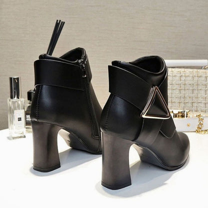 Women's Pointed-Toe Block Heel Ankle Boots with Buckle Detail