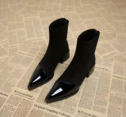 Women's Pointed Toe Block Heel Zip-Up Ankle Boots