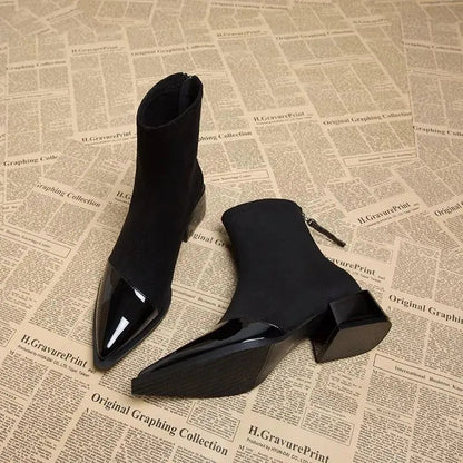 Women's Pointed Toe Block Heel Zip-Up Ankle Boots