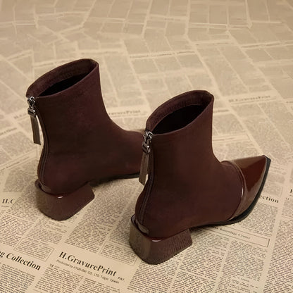 Women's Pointed Toe Block Heel Zip-Up Ankle Boots