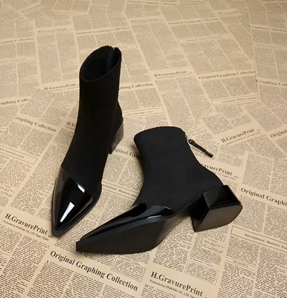 Women's Pointed Toe Block Heel Zip-Up Ankle Boots
