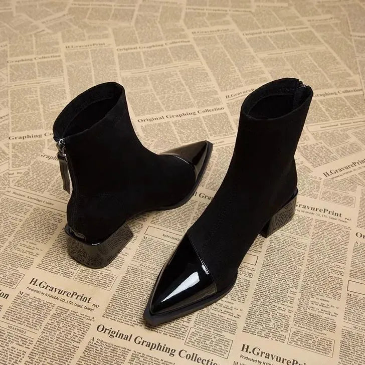Women's Pointed Toe Block Heel Zip-Up Ankle Boots