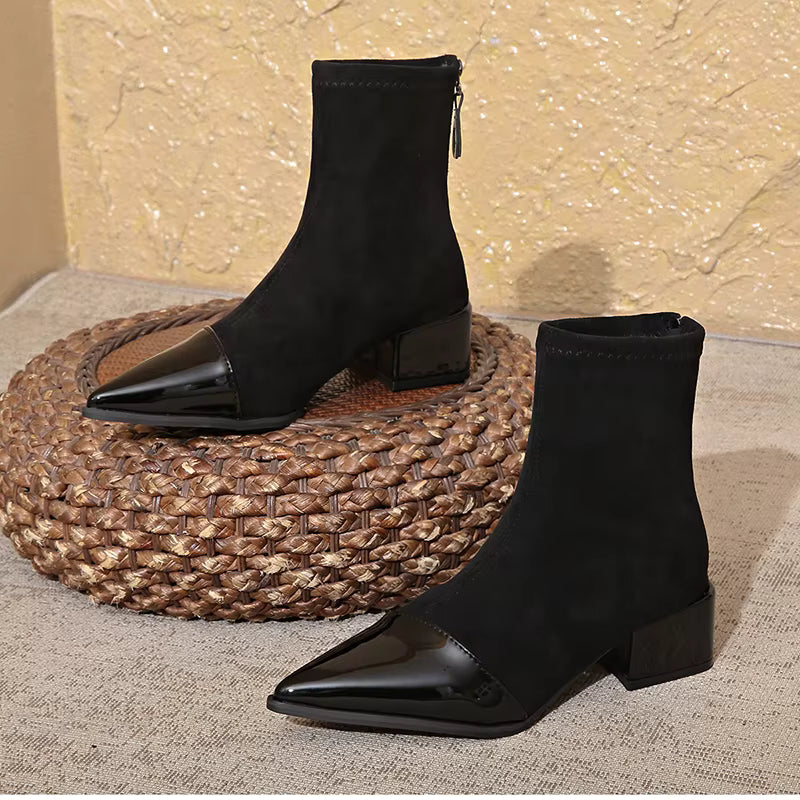 Women's Pointed Toe Block Heel Zip-Up Ankle Boots
