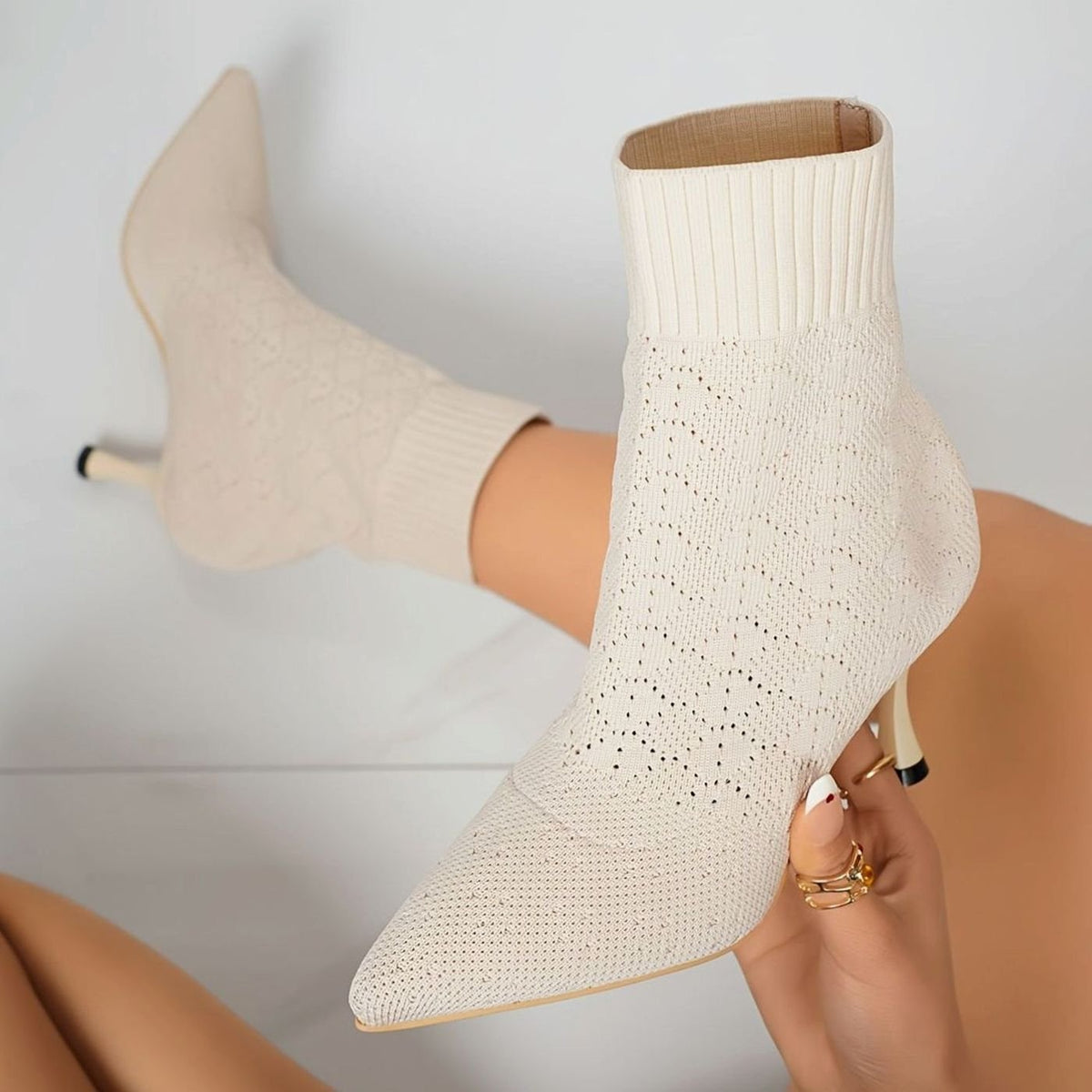 Women's Pointed-Toe Knit Sock Ankle Boots with Stiletto Heel