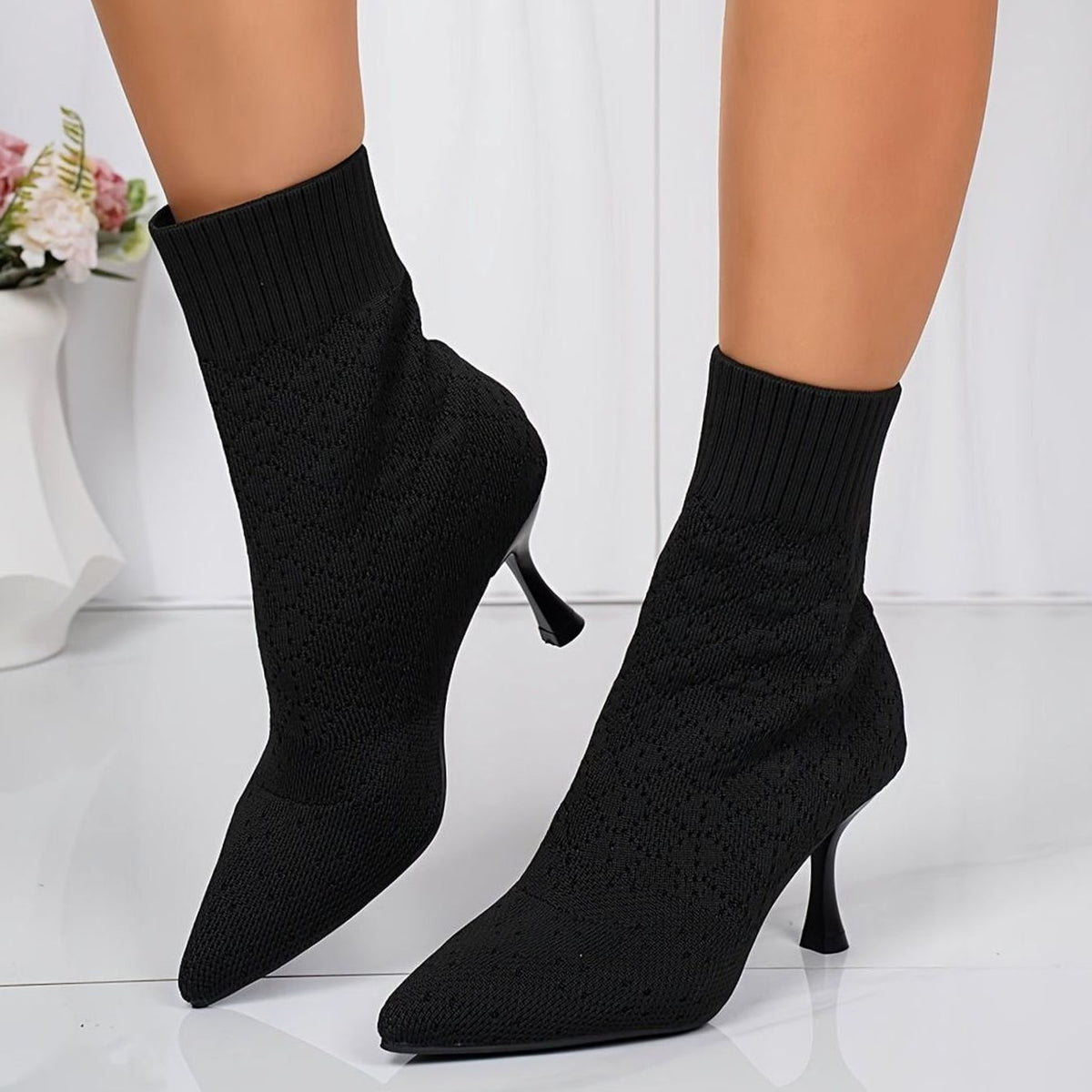 Women's Pointed-Toe Knit Sock Ankle Boots with Stiletto Heel