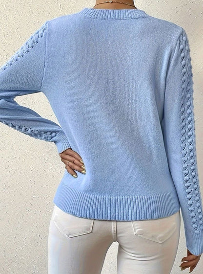 Women's Pointelle-Knit Round Neck Long Sleeve Sweater