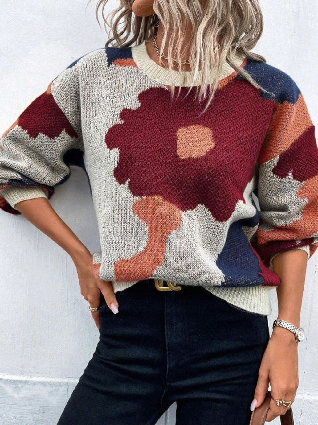 Women's Relaxed-Fit Floral Knit Pullover Sweater