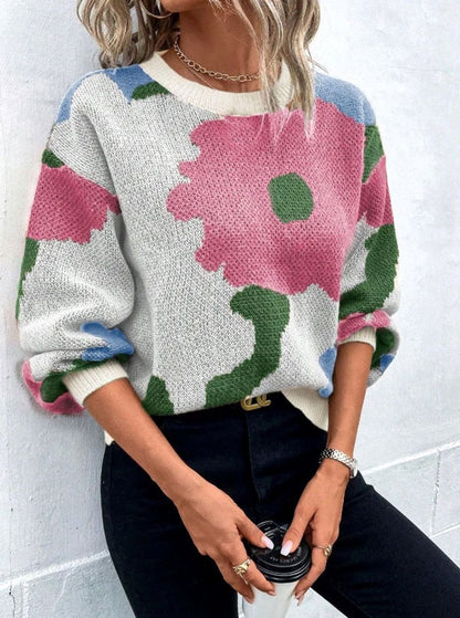 Women's Relaxed-Fit Floral Knit Pullover Sweater