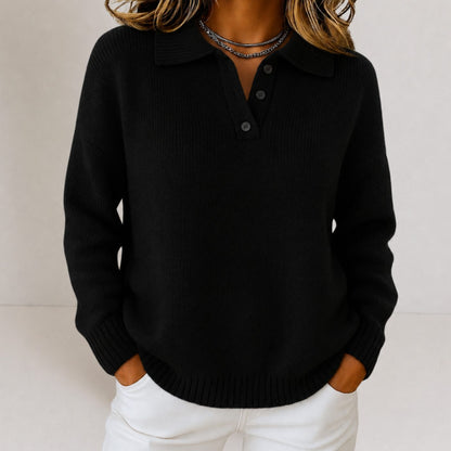 Women's Relaxed-Fit Polo Collar Button-Placket Knit Sweater