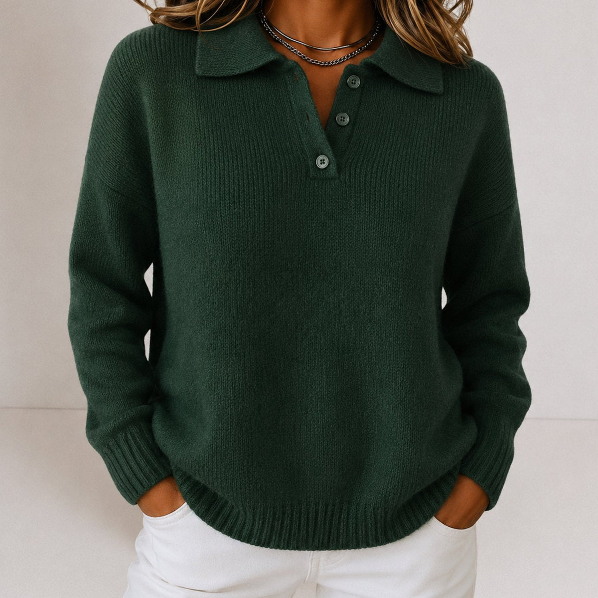 Women's Relaxed-Fit Polo Collar Button-Placket Knit Sweater