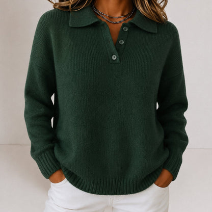 Women's Relaxed-Fit Polo Collar Button-Placket Knit Sweater