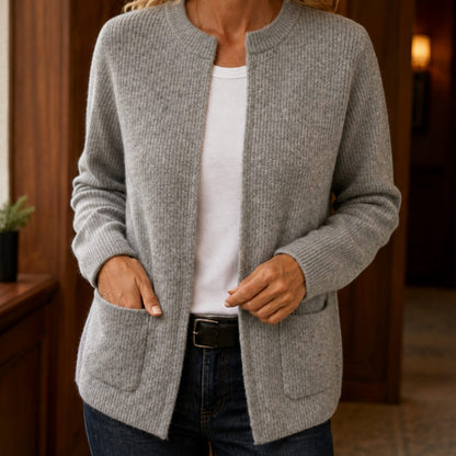 Women's Relaxed-Fit Ribbed Open-Front Cardigan with Patch Pockets
