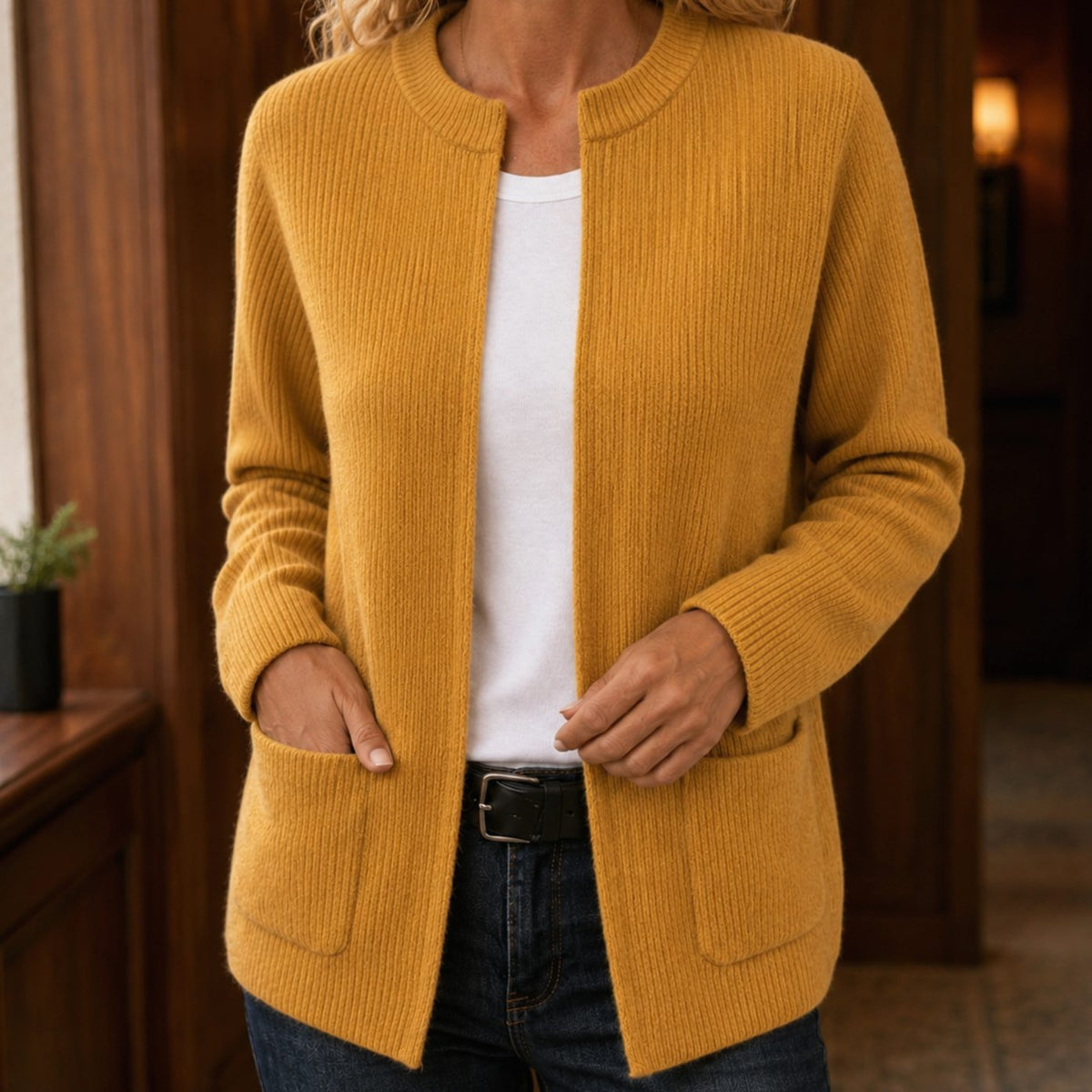 Women's Relaxed-Fit Ribbed Open-Front Cardigan with Patch Pockets
