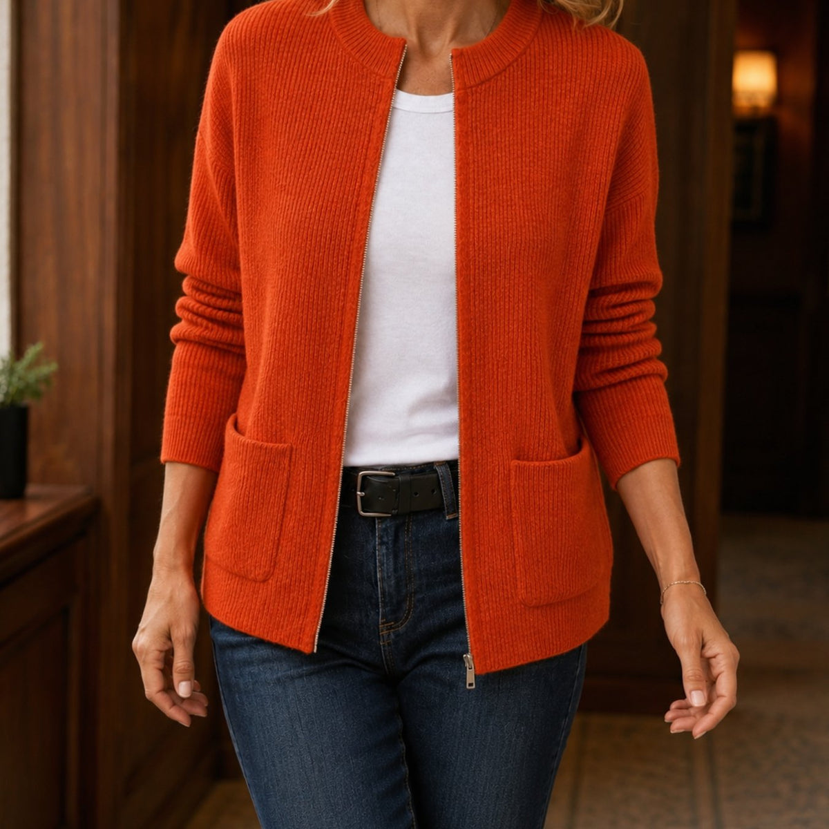 Women's Relaxed-Fit Ribbed Open-Front Cardigan with Patch Pockets