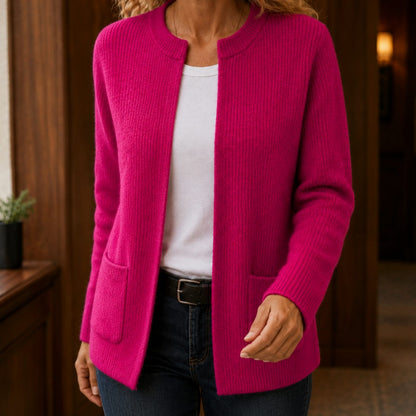 Women's Relaxed-Fit Ribbed Open-Front Cardigan with Patch Pockets