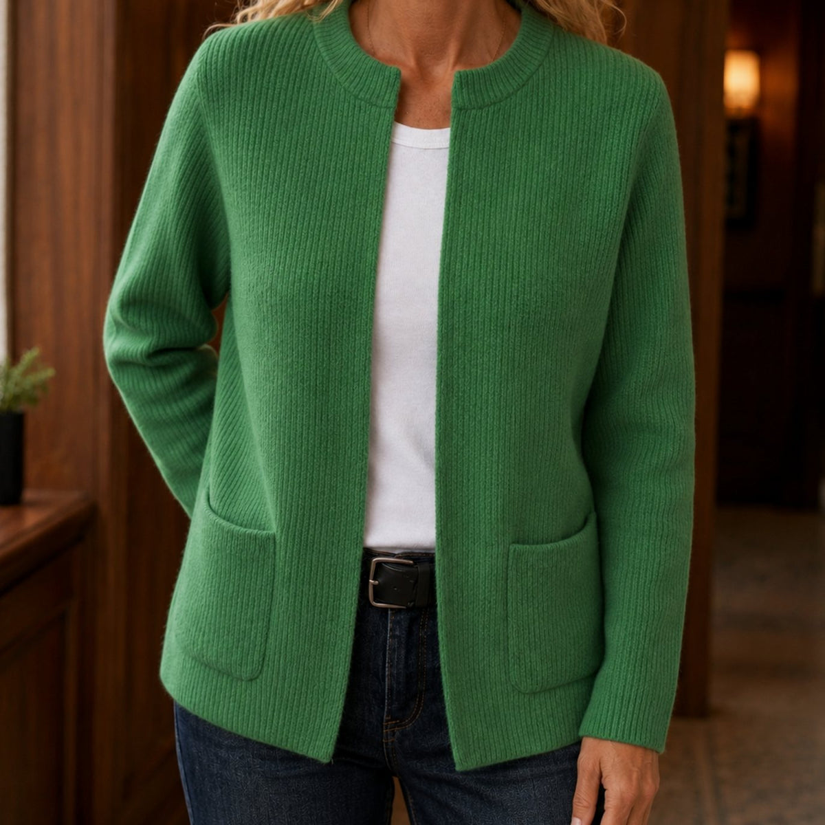 Women's Relaxed-Fit Ribbed Open-Front Cardigan with Patch Pockets