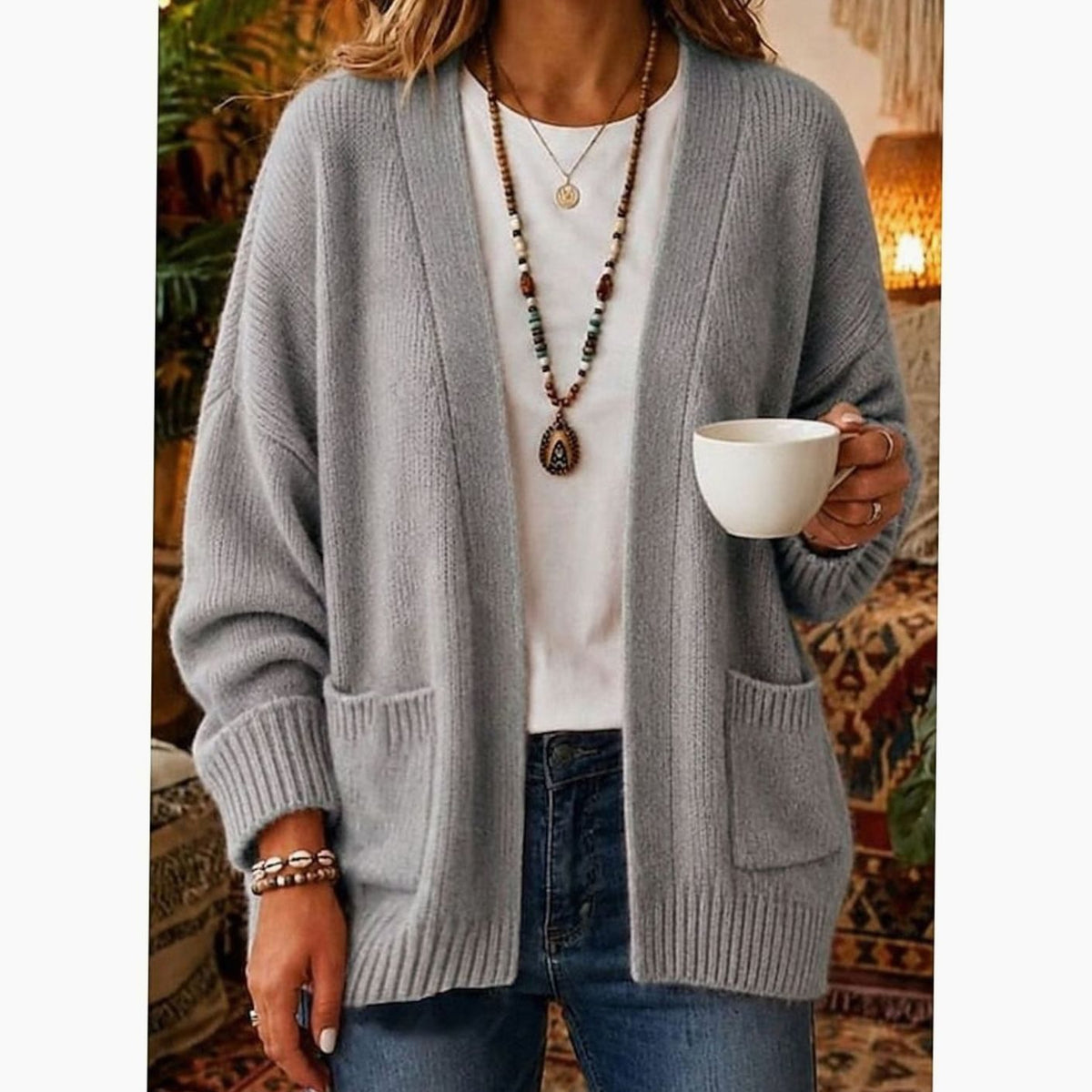 Women's Relaxed Open-Front Knit Cardigan with Pockets