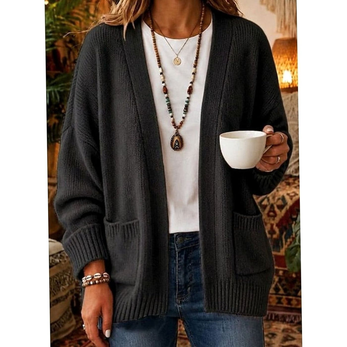 Women's Relaxed Open-Front Knit Cardigan with Pockets