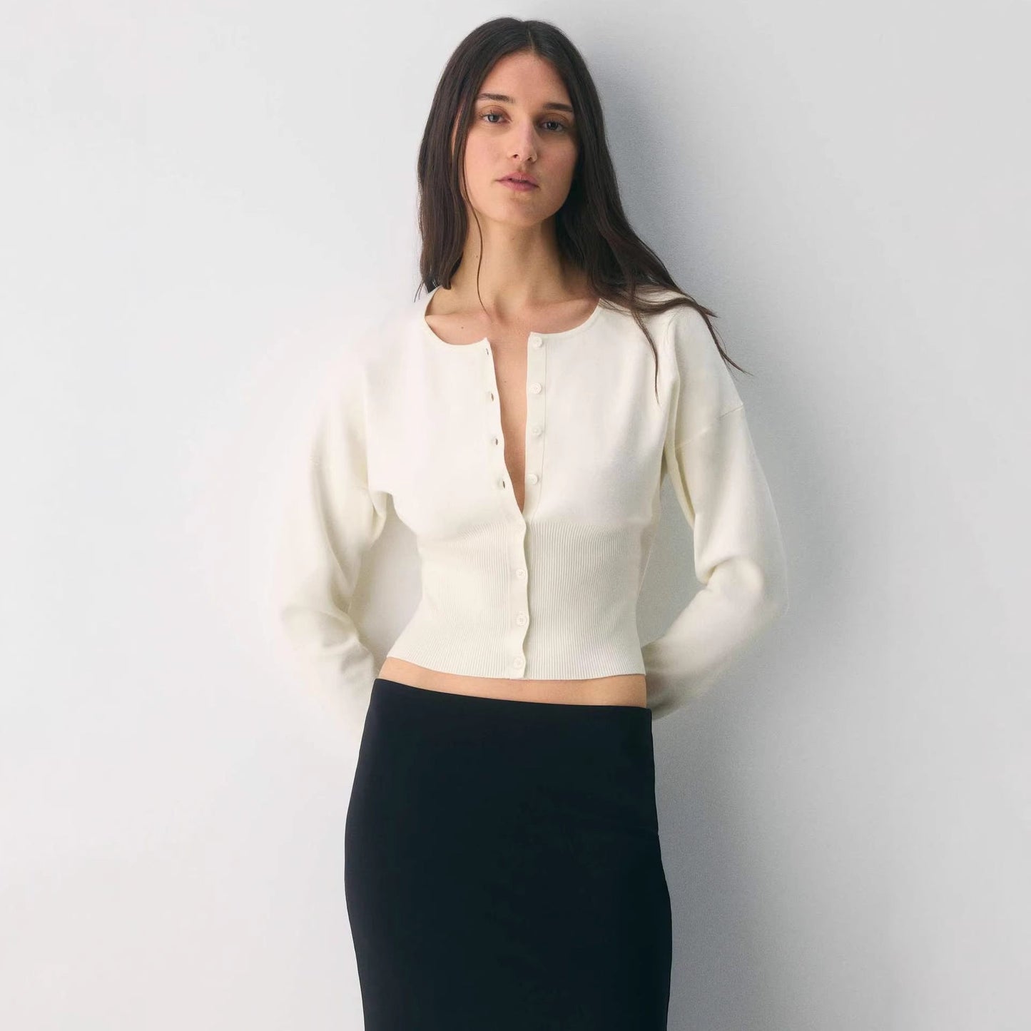 Women's Ribbed Knit Cropped Cardigan with Button Placket