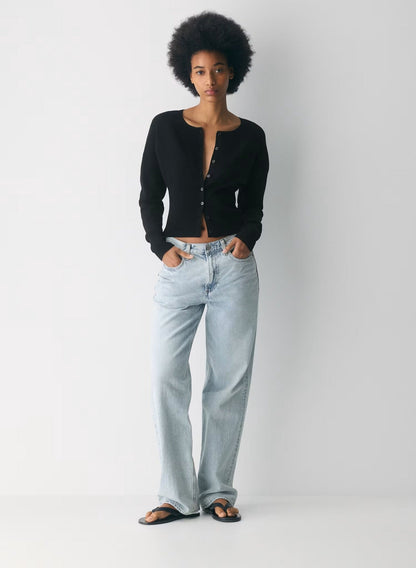 Women's Ribbed Knit Cropped Cardigan with Button Placket