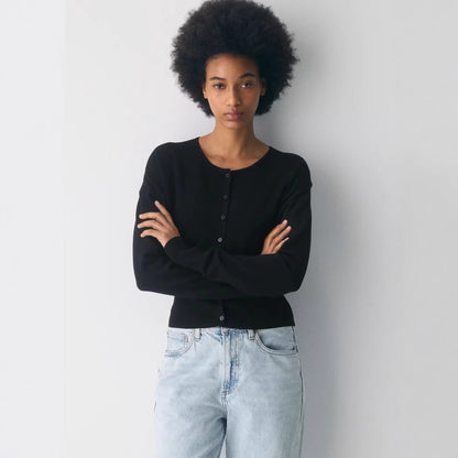 Women's Ribbed Knit Cropped Cardigan with Button Placket