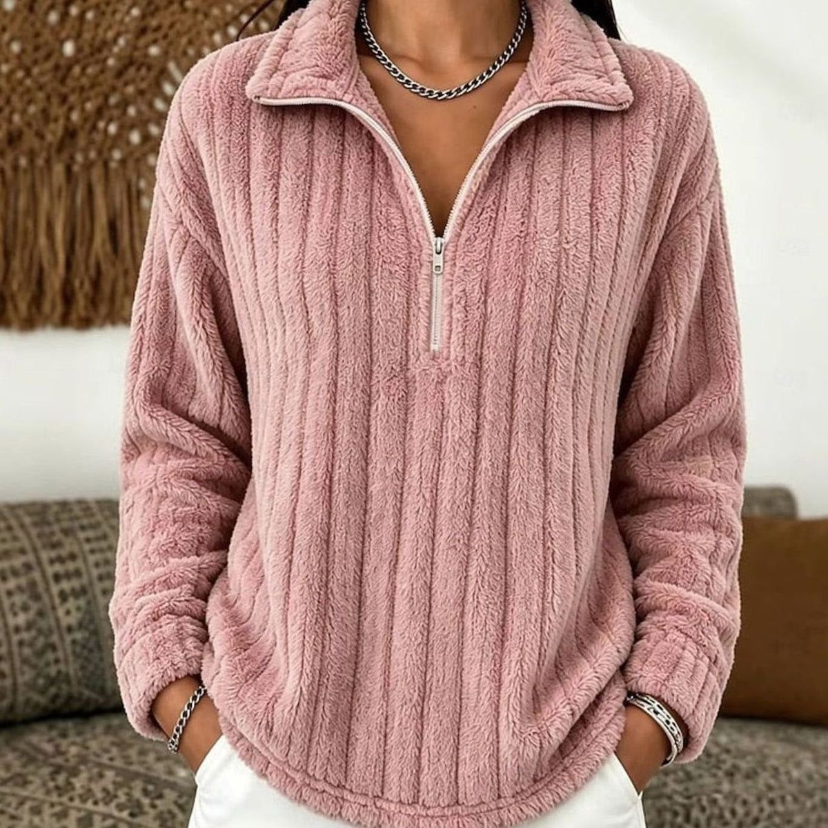 Women's Ribbed Plush Fleece Quarter-Zip Pullover Sweater