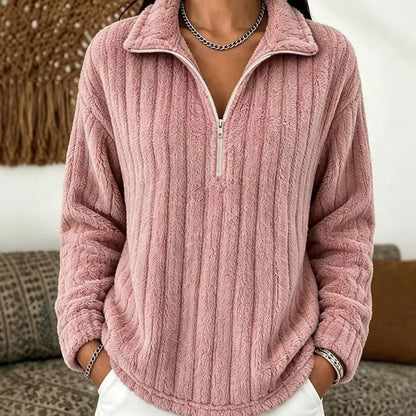 Women's Ribbed Plush Fleece Quarter-Zip Pullover Sweater