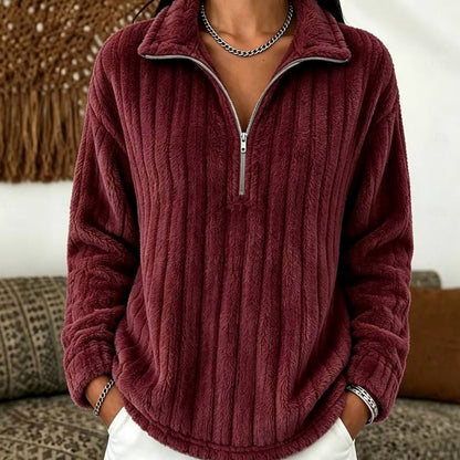 Women's Ribbed Plush Fleece Quarter-Zip Pullover Sweater