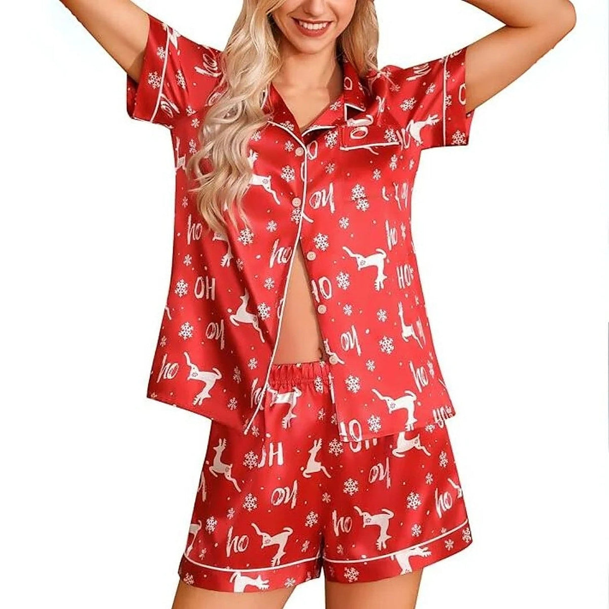 Women's Satin Pajama Set - Short Christmas Set with Shirt and Shorts