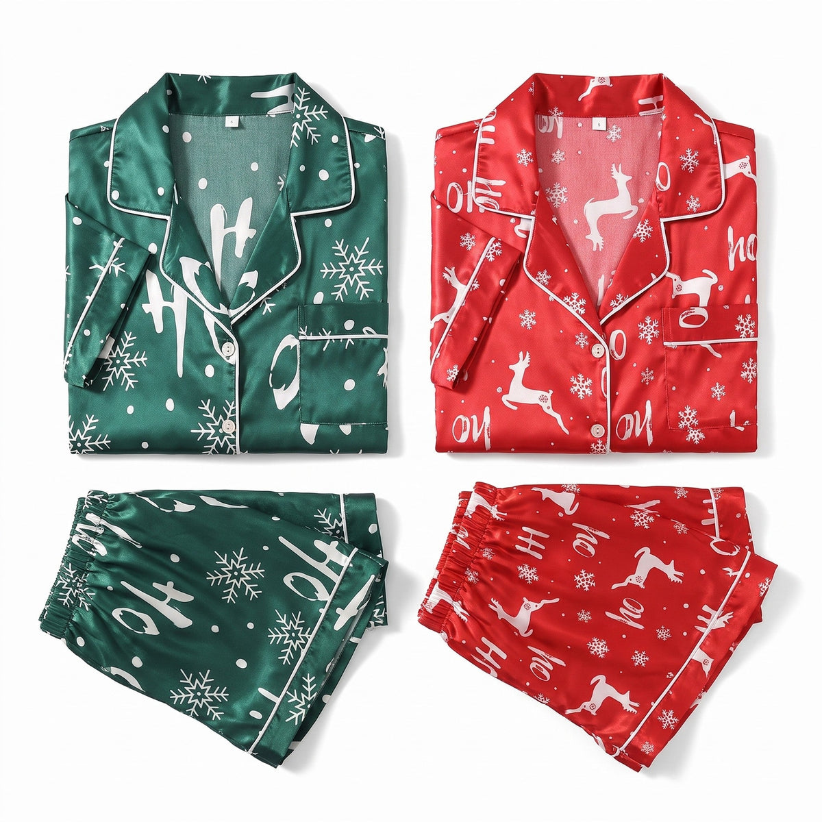 Women's Satin Pajama Set - Short Christmas Set with Shirt and Shorts