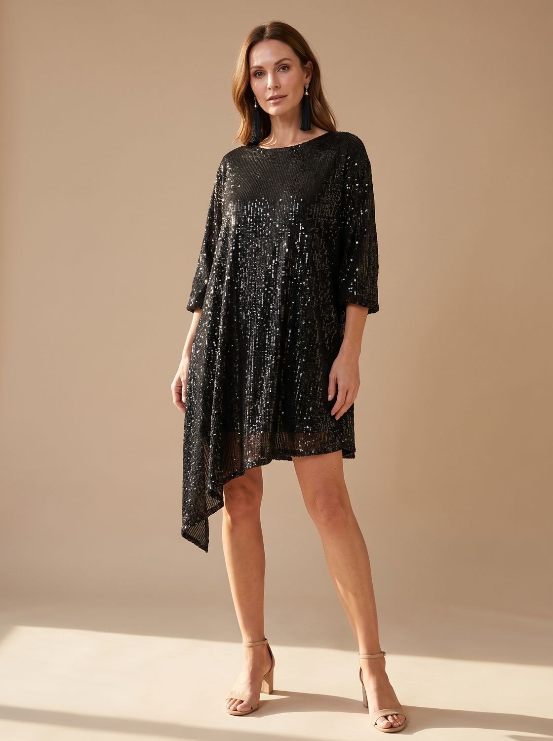 Women's Sequin Asymmetric Draped-Sleeve Christmas Party Mini Dress