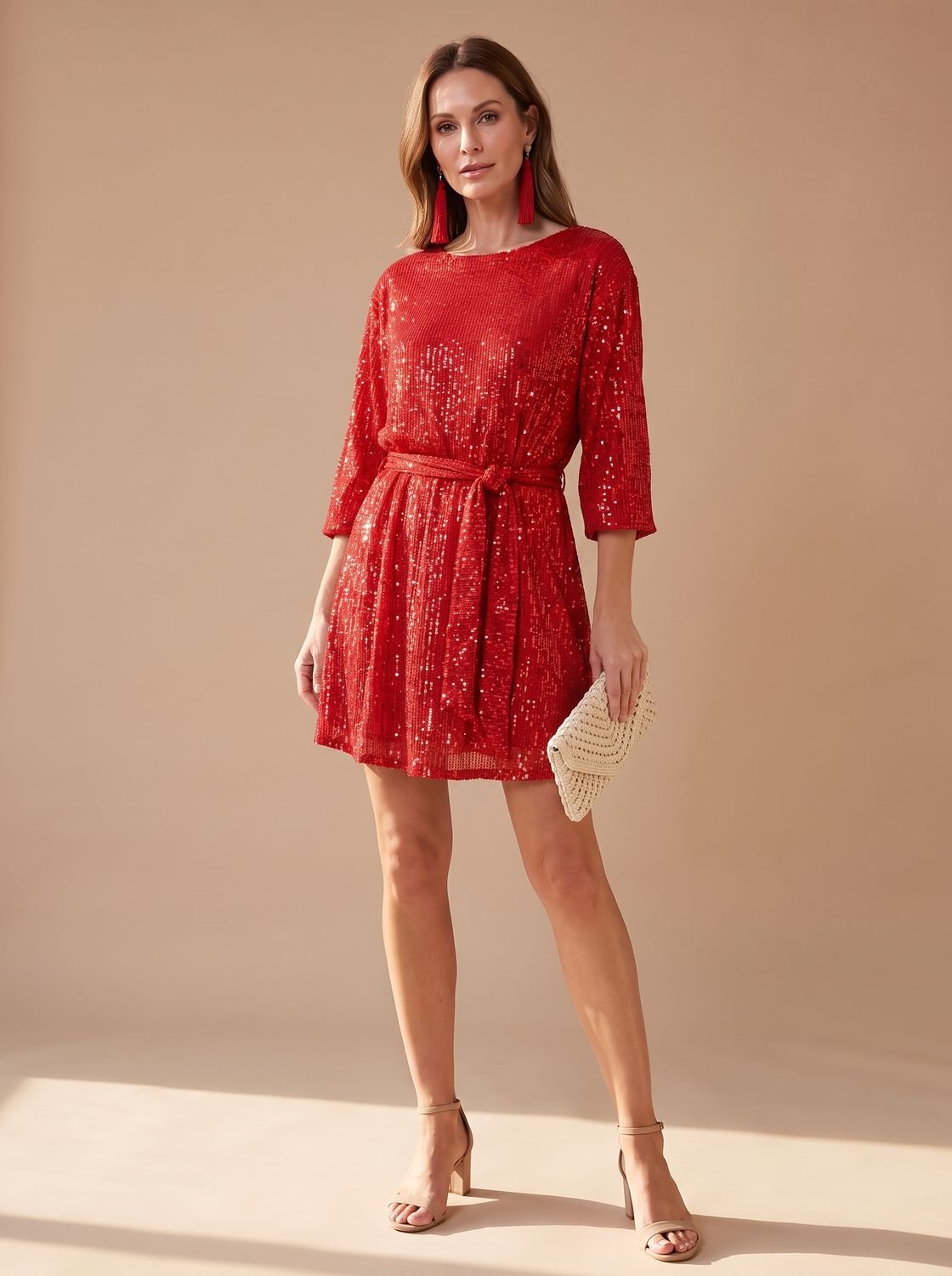 Women's Sequin Asymmetric Draped-Sleeve Christmas Party Mini Dress