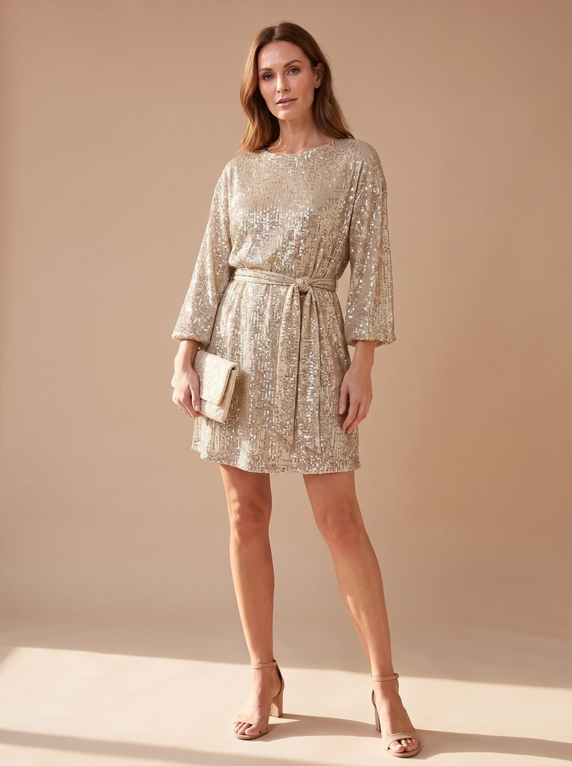 Women's Sequin Asymmetric Draped-Sleeve Christmas Party Mini Dress