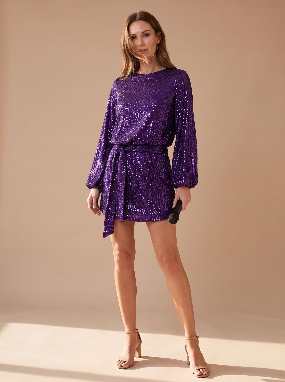 Women's Sequin Asymmetric Draped-Sleeve Christmas Party Mini Dress