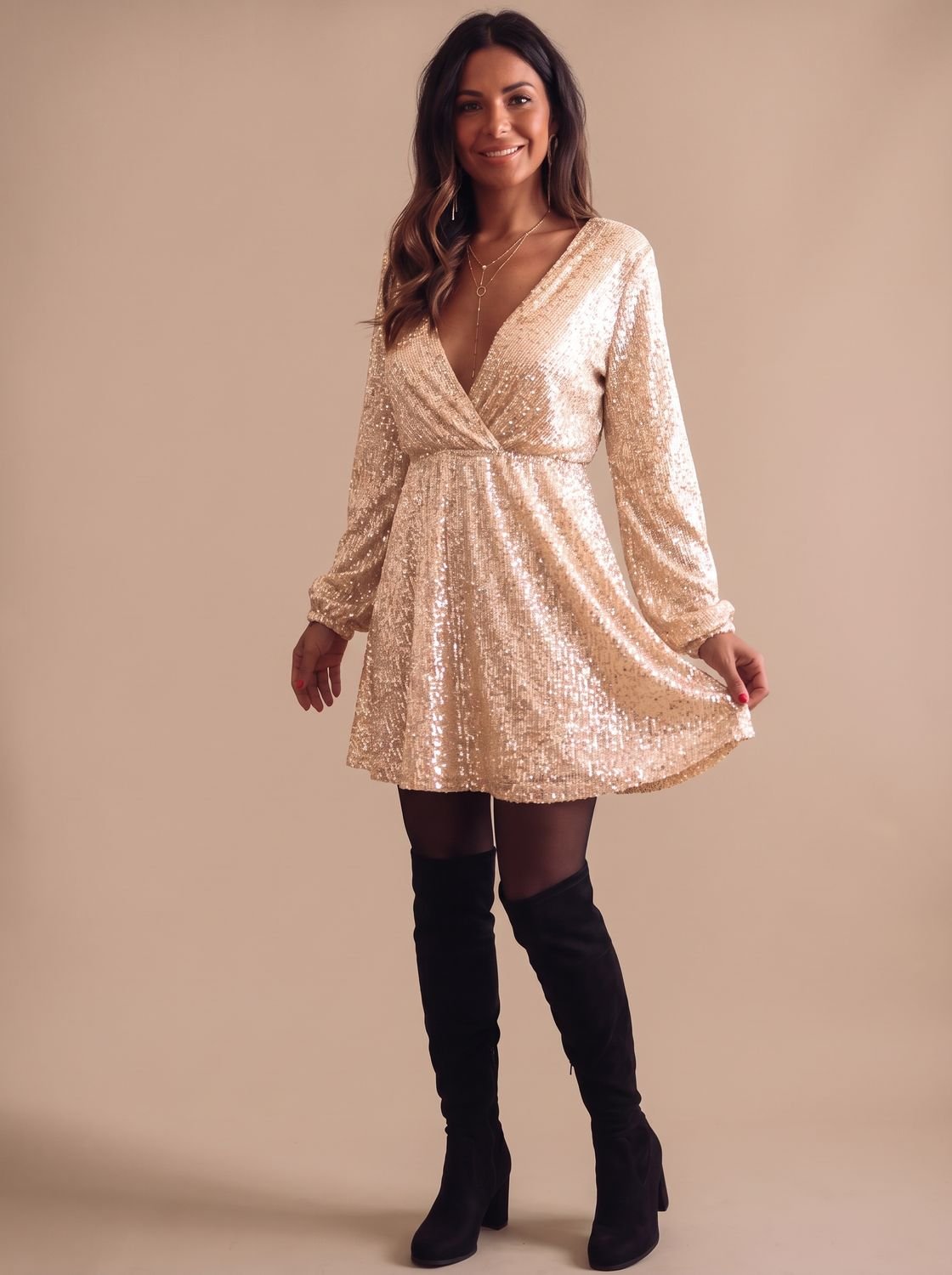 Women's Sequin Wrap-Front Long-Sleeve Christmas Party Dress