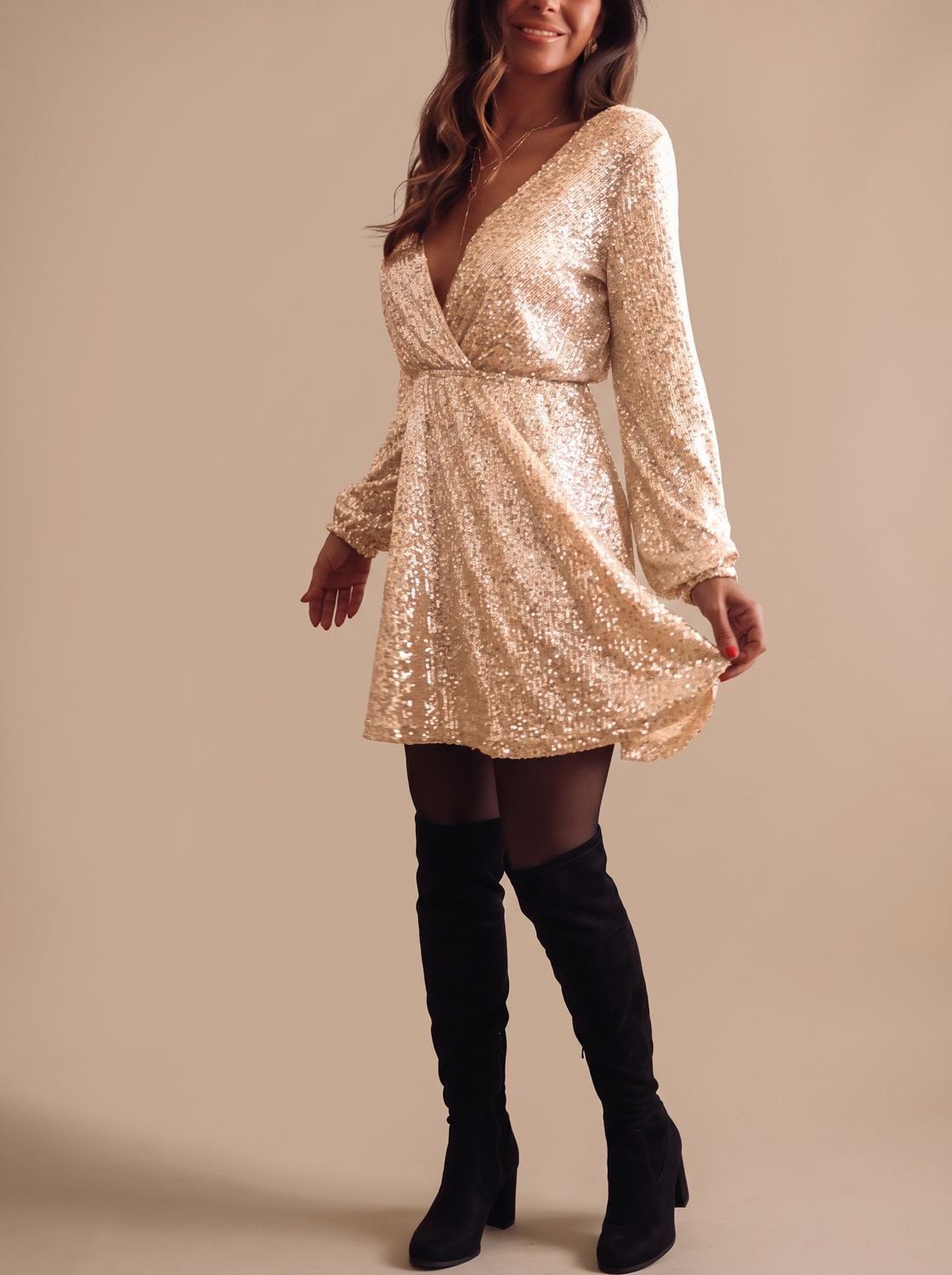 Women's Sequin Wrap-Front Long-Sleeve Christmas Party Dress