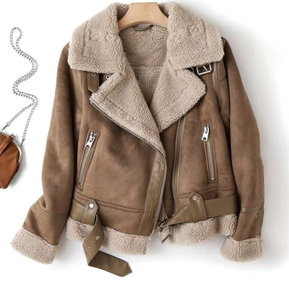 Women's Shearling-Lined Cropped Belted Moto Jacket