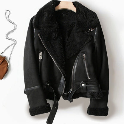 Women's Shearling-Lined Cropped Belted Moto Jacket