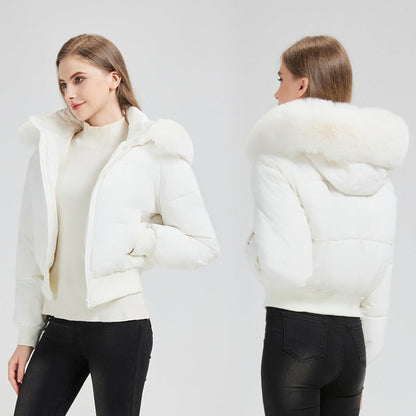 Women's Short Bomber Puffer Jacket with Hood and Removable Faux Fur Collar