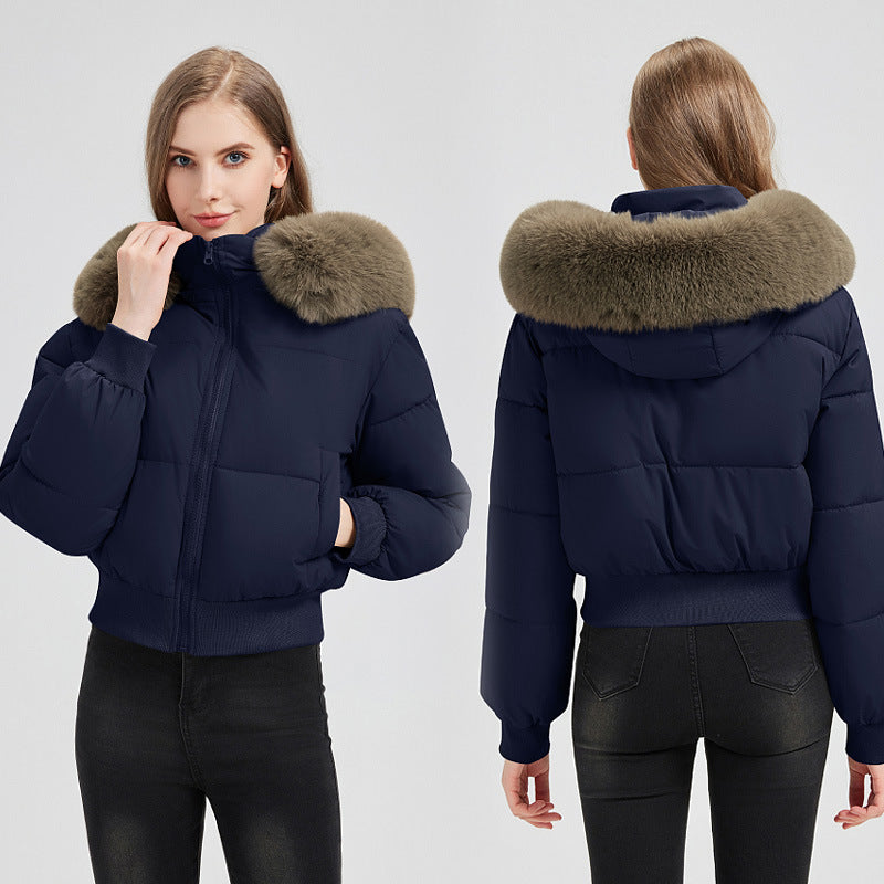 Women's Short Bomber Puffer Jacket with Hood and Removable Faux Fur Collar