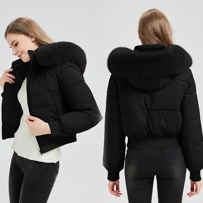Women's Short Bomber Puffer Jacket with Hood and Removable Faux Fur Collar