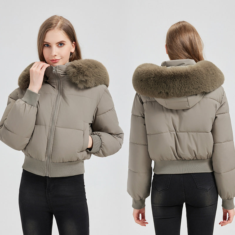 Women's Short Bomber Puffer Jacket with Hood and Removable Faux Fur Collar