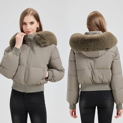 Women's Short Bomber Puffer Jacket with Hood and Removable Faux Fur Collar