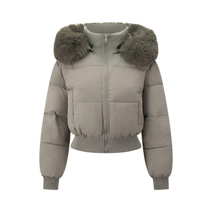 Women's Short Bomber Puffer Jacket with Hood and Removable Faux Fur Collar