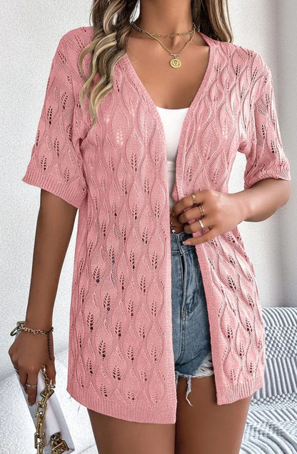 Women's Short-Sleeve Open-Front Crochet Knit Cardigan Sweater