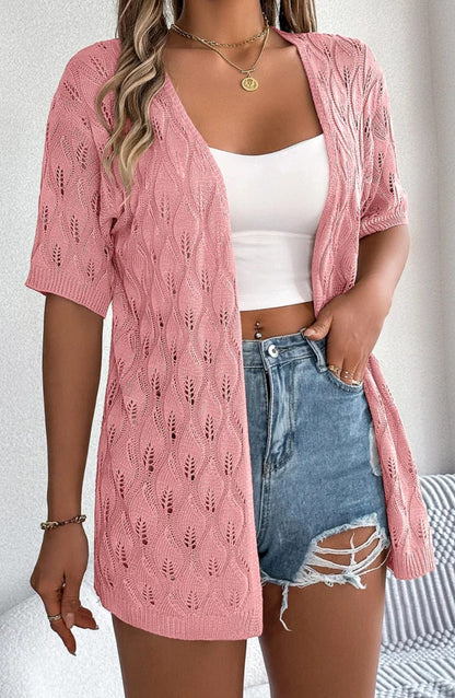 Women's Short-Sleeve Open-Front Crochet Knit Cardigan Sweater